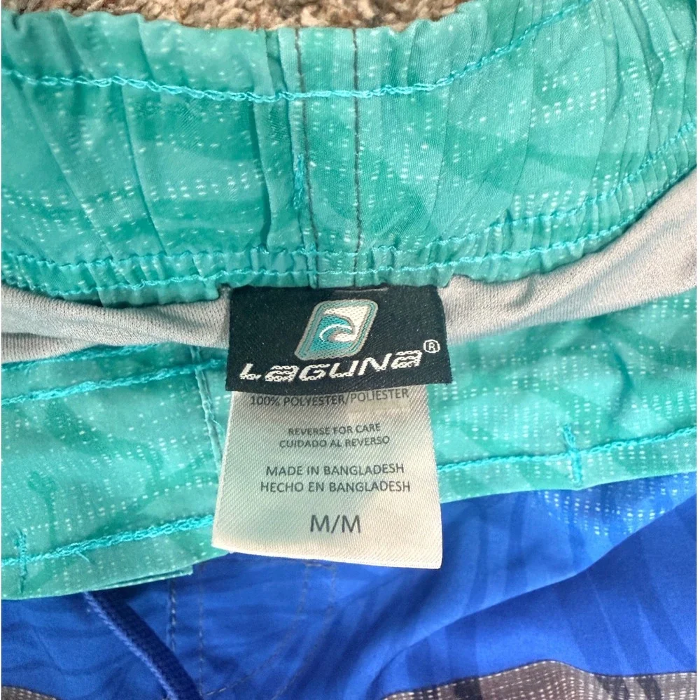 Laguna Mens Board Shorts Blue Teal Striped Tropical Swim Trunks Size Medium
